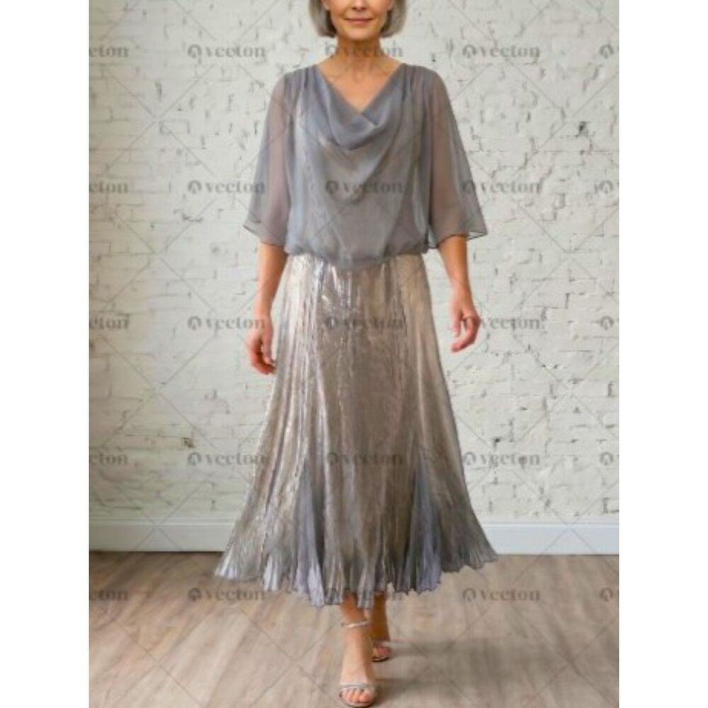 Komarov Cowl Neck Sheer Chiffon Blouson Overlay Metallic Pleated Tank Dress Gown